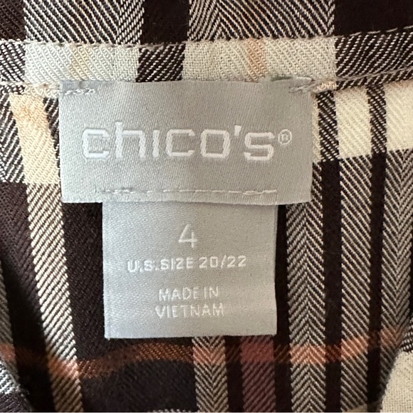 Chicos Size 4 Ruffle Front Brown Plaid Button Front Blouse Top Office Business - Picture 3 of 12